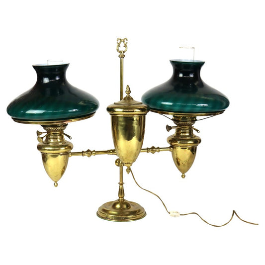 Antique Brass Double Student Lamp With Emerald Case Shades c1910