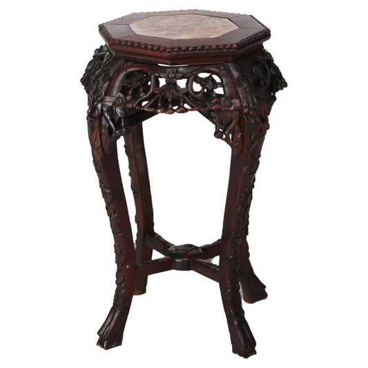 Antique Chinese Floral Carved Hardwood Stand With Rouge Marble Top c1910