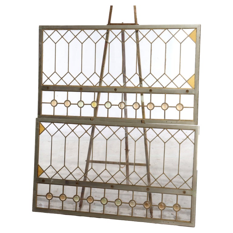 Pair Antique Frank Lloyd Wright School Arts & Crafts Leaded Glass Windows c1920