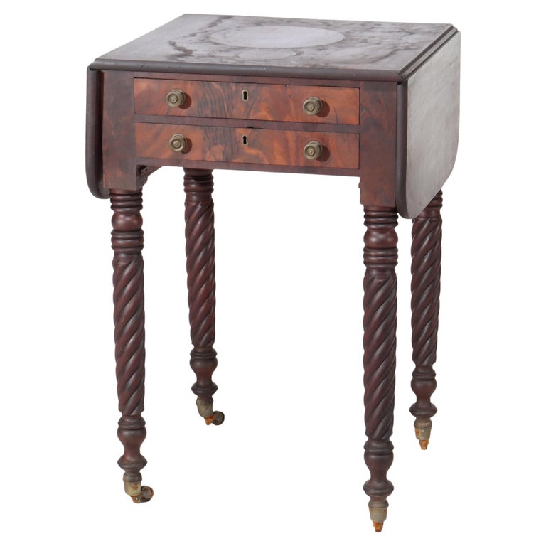 Antique Sheraton Flame Mahogany 2 Drawer Drop Leaf Work Table c1830