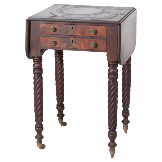 Antique Sheraton Flame Mahogany 2 Drawer Drop Leaf Work Table c1830