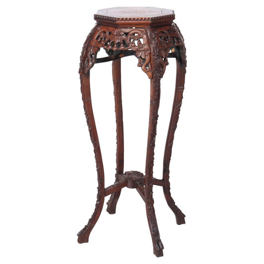 Antique Chinese Floral Carved Hardwood Stand With Rouge Marble Top c1920