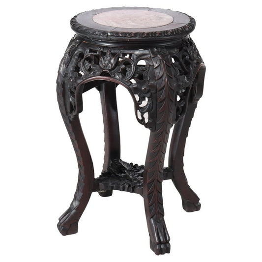 Antique Chinese Floral Carved Hardwood Stand With Rouge Marble Top Urns c1920