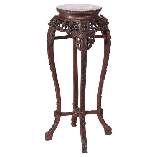 Antique Chinese Carved Bamboo Form Hardwood Marble Top Table c1920