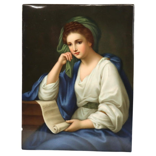 Antique KPM Classical Portrait Porcelain Tile Of Woman With Scroll Signed c1890