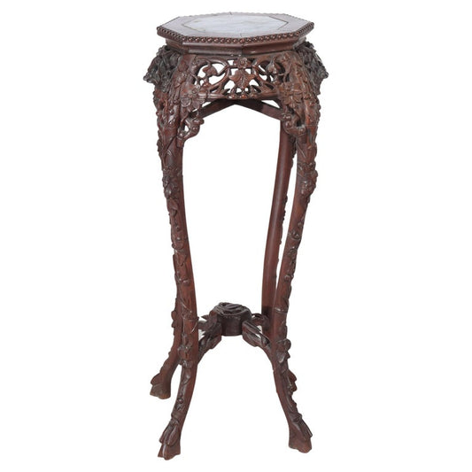 Antique Chinese Floral Carved Hardwood Marble Top Stand C1910