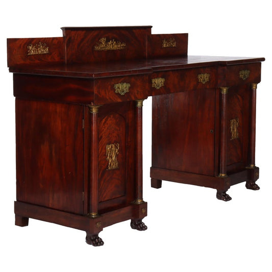 Antique Boston Period Napoleonic Flame Mahogany Double Pedestal Sideboard c1820