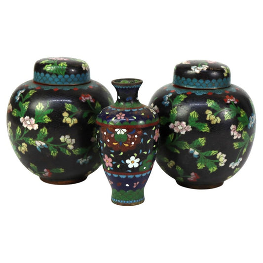Three Antique Japanese Cloisonne: 2 Ginger Jars & 1 Vase Unsigned C1920