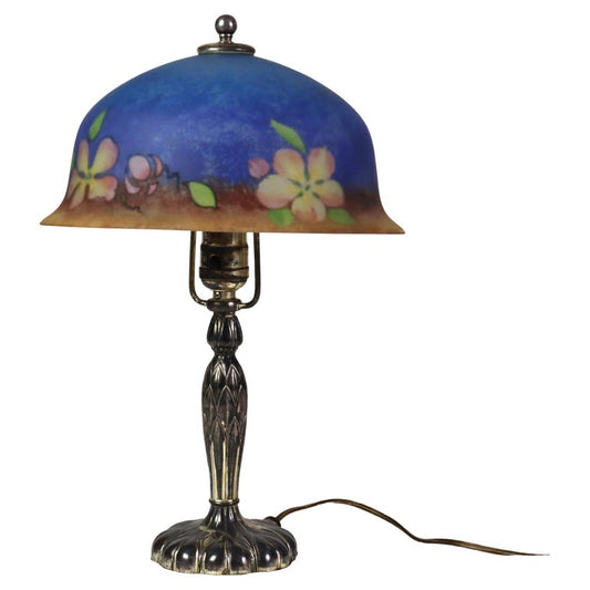 Antique Pairpoint Reverse Painted Flower & Butterfly Table Lamp Signed c1920