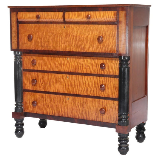 Antique American Empire Ebonized Cherry & Tiger Maple 6 Drawer Chest c1840
