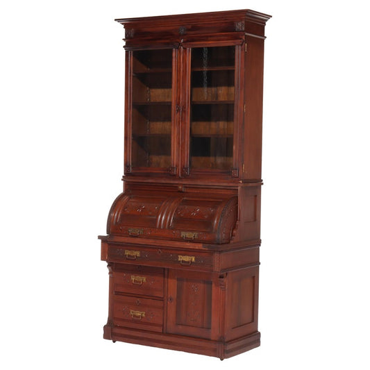 Antique Eastlake Chip Caved Walnut Barrel Roll Cylinder Secretary Desk c1890