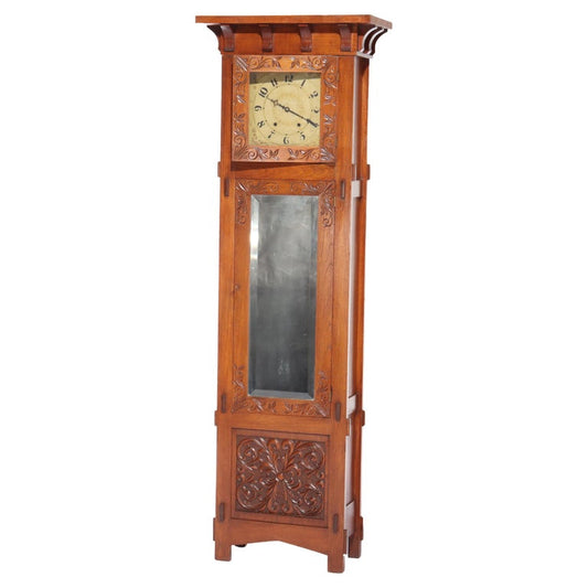 Stickley School Arts & Crafts Carved Mahogany Tall Case Grandfather Clock c1920