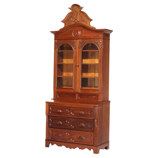 Antique Renaissance Revival Victorian Carved Walnut & Burl Secretary c1890