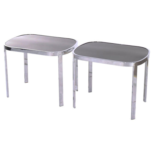 Pair Of Vintage Mid Century Modern Chrome & Ebonized Glass Top Tables C1960