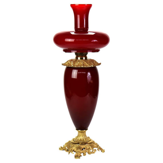 Antique E.M. & Co. Apollo Red Cased Glass Gone With The Wind Oil Lamp c1900