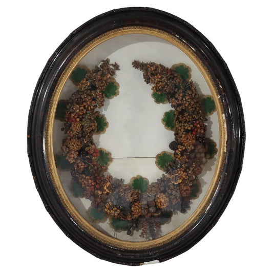 Antique Victorian Shadow Box Wall Hanging With Wax Wreath C1900