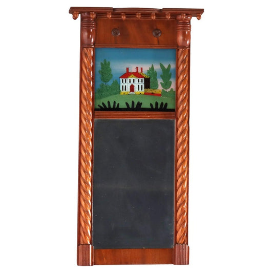 Antique Federal Mahogany Mirror With Eglomise Panel C1820
