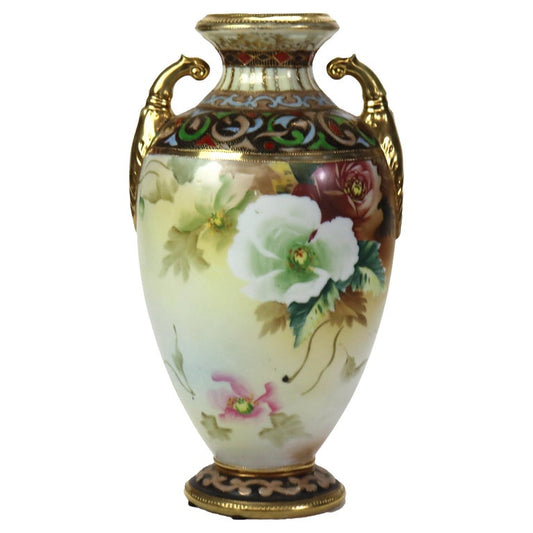 Antique Nippon Hand Painted Floral Porcelain Vase Signed C1920