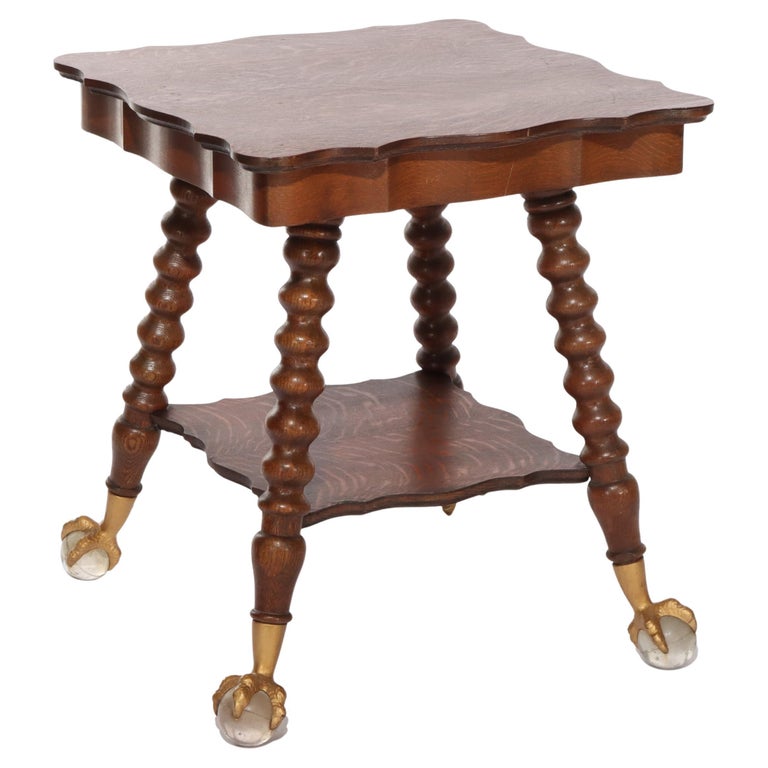 Large Antique RJ Horner School Carved Oak Lamp Table With Gilt & Crystal Feet