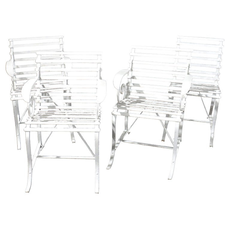 Four Antique Arts & Crafts Painted Wrought Iron Garden Patio Chairs c1920