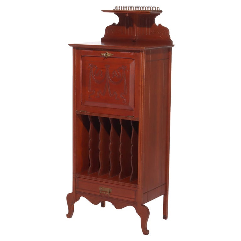 Eastlake Style Chip Carved Cherry & Ormolu Drop Front Music Cabinet Stand C1890