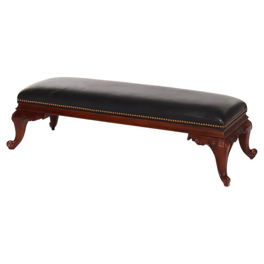 Vintage Hancock & Moore Louis XIV Style Carved Mahogany & Black Leather Stool
