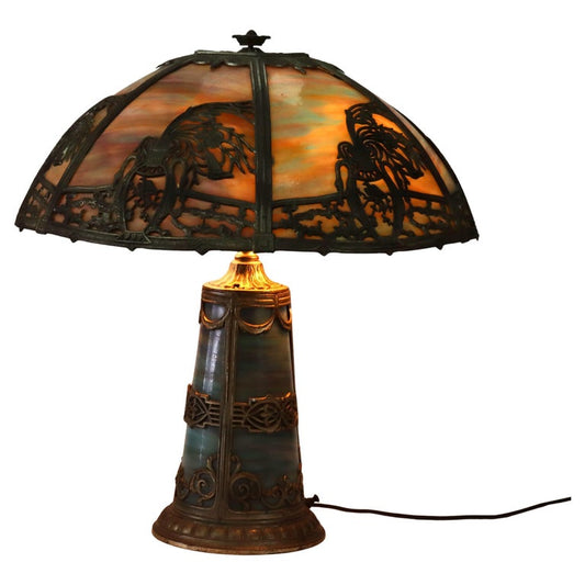 Antique Bradley & Hubbard School Lighted Base Slag Glass Table Lamp c1920