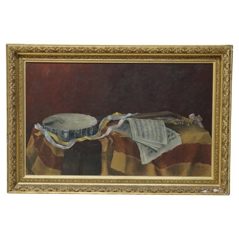 Gilt Framed Oil On Canvas Music Themed Painting With Banjo By M. Morris C1886