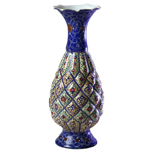 Antique Persian Quilted Porcelain Floral Enameled Vase Signed C1920