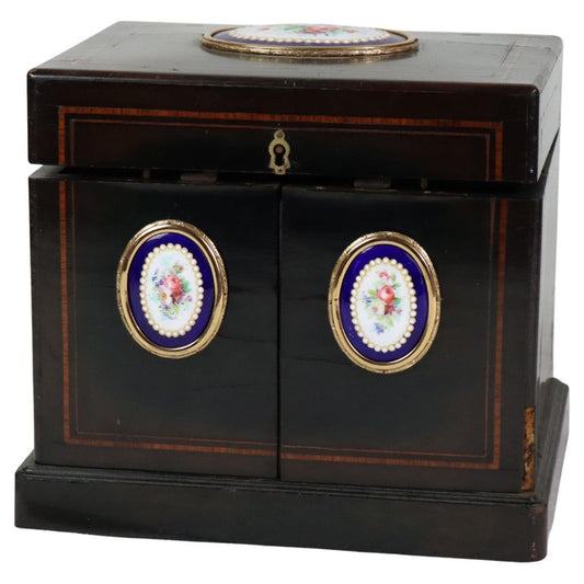 Antique Ebonized & Inlaid Humidor With Sevres Floral Porcelain Plaque c1890