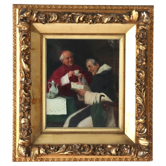 Oil On Canvas Genre Scene Painting Of 2 Cardinals By J. Orsi C1890