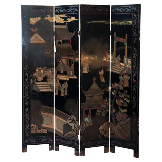 Antique Chinese Carved, Ebonized & Hand Painted Four-Panel Dressing Screen c1930