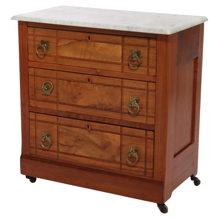Antique Eastlake School Walnut & Burl Three Drawer Marble Top Commode C1890