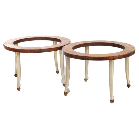 Pair Mid Century Modern Wood, Metal & Brass Round Side Table Bases 20thC