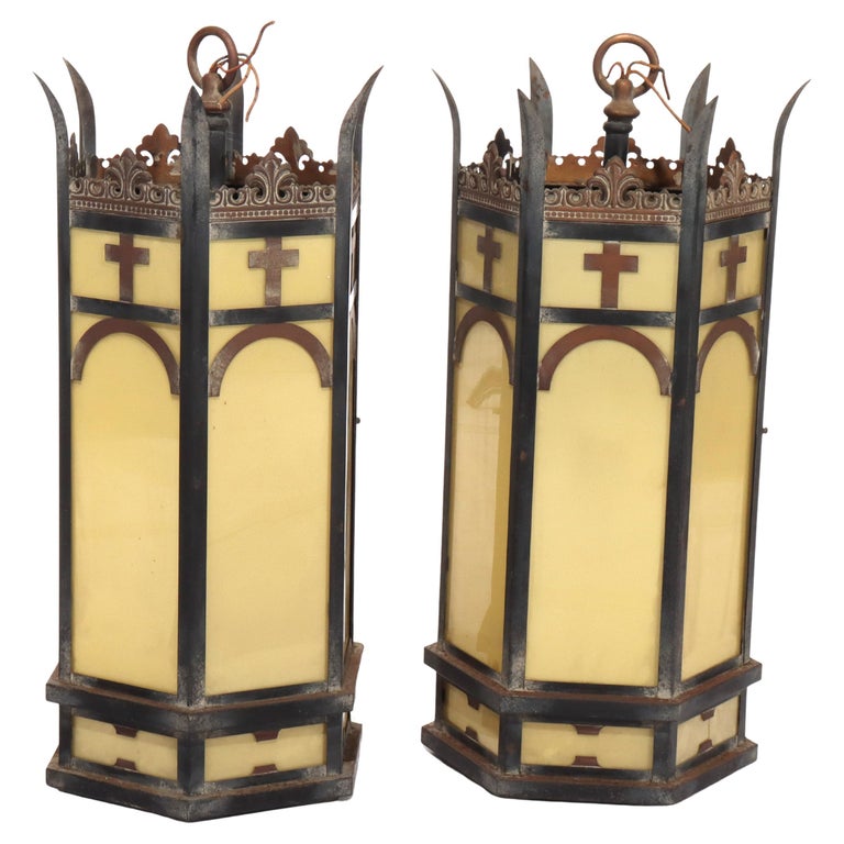 Pair of Antique Gothic Bronze, Brass & Glass Hanging Church Lights C1920