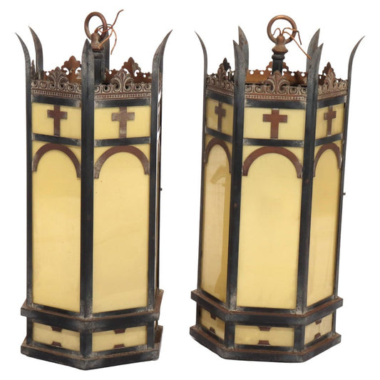 Pair of Antique Gothic Bronze, Brass & Glass Hanging Church Lights C1920
