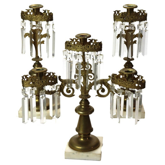 Three Piece Antique Bronze & Crystal Girandole Set With Marble Base c1900