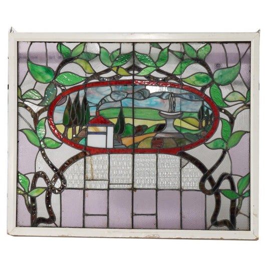 Antique Arts & Crafts Stained Leaded Glass Scenic & Foliate Window c1920
