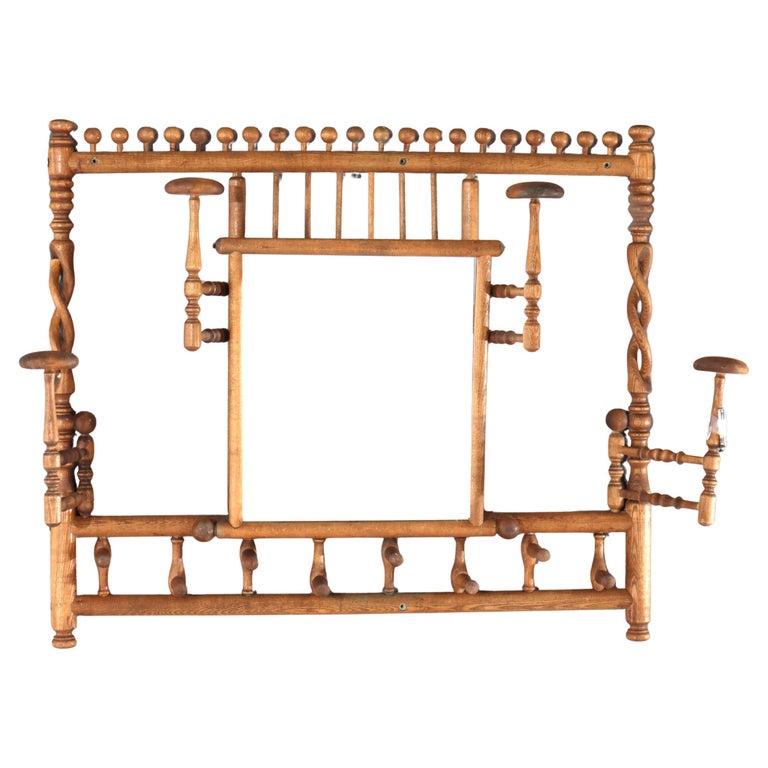 Antique Oak Stick & Ball Hat Rack with Mirror C1920