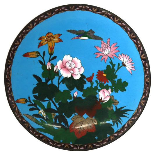 Antique Chinese Floral & Figural Cloisonne Enameled Plate C1920