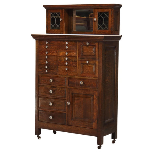 Arts & Crafts 18 Drawer Dental Cabinet with Oak, Leaded Glass & Porcelain C1910