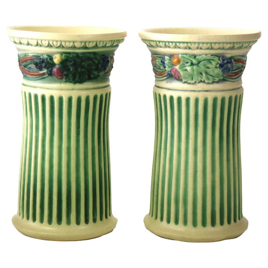 Pair Of Antique Roseville Art Pottery Vases With Corinthian Pattern c1930