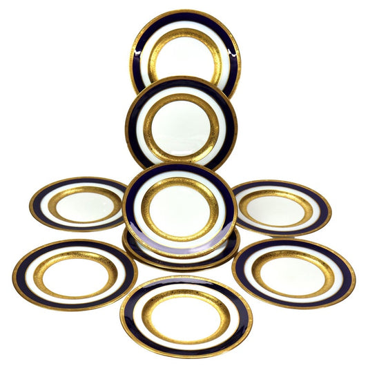 Ten Antique English Cobalt & Gilt Fine China Lunch Plates C1930