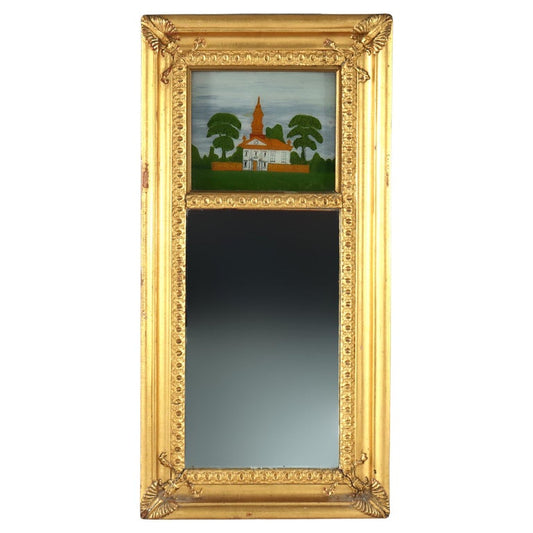 Antique Federal Trumeau Reverse Painted Gilt Wood Mirror Unsigned 19thC