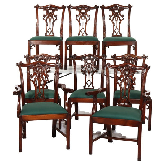 Eight Antique Chippendale Carved Mahogany Ribbon Back Dining Chairs