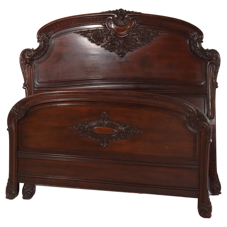 RJ Horner School Carved Mahogany Queen Size Bed Head & Foot Boards Circa 1890
