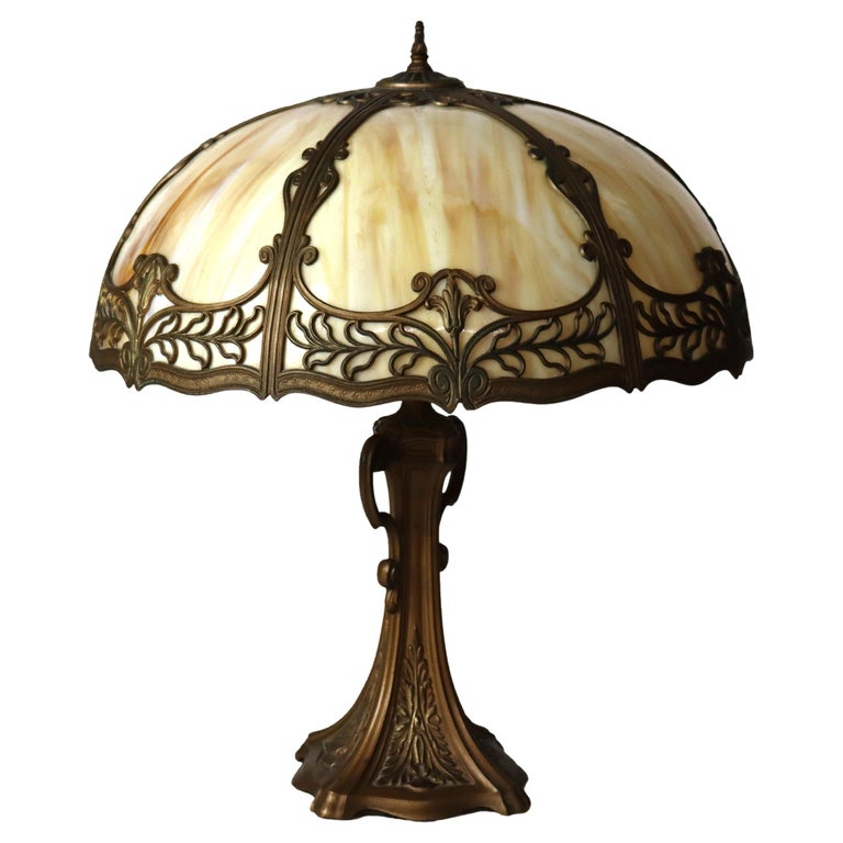 Antique Bradley & Hubbard School Arts & Crafts 6-Panel Slag Glass Lamp C1920