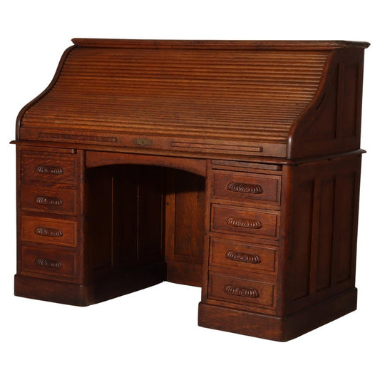 Antique Oak S-Roll Top Desk with Full Interior Unsigned C1900