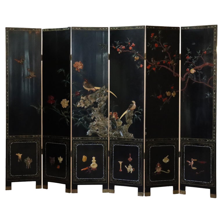 Antique Chinese Ebonized Six Panel Dressing Screen Early 20thC