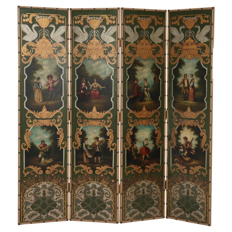 Antique Hand Painted Leather on Board Four Panel Dressing Screen 20thC